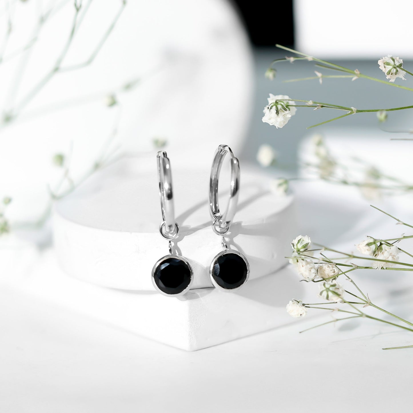 Natural Black Spinel Drop Hoop Earrings