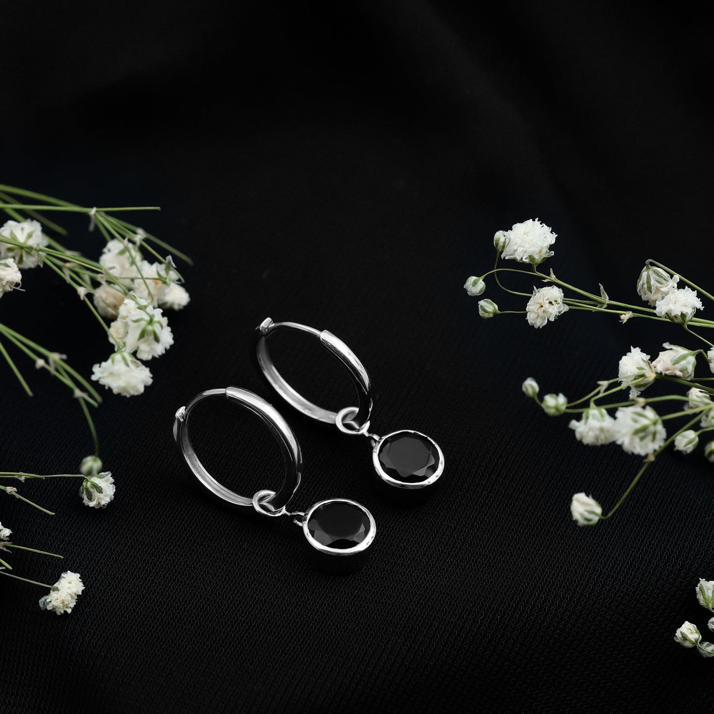 Natural Black Spinel Drop Hoop Earrings