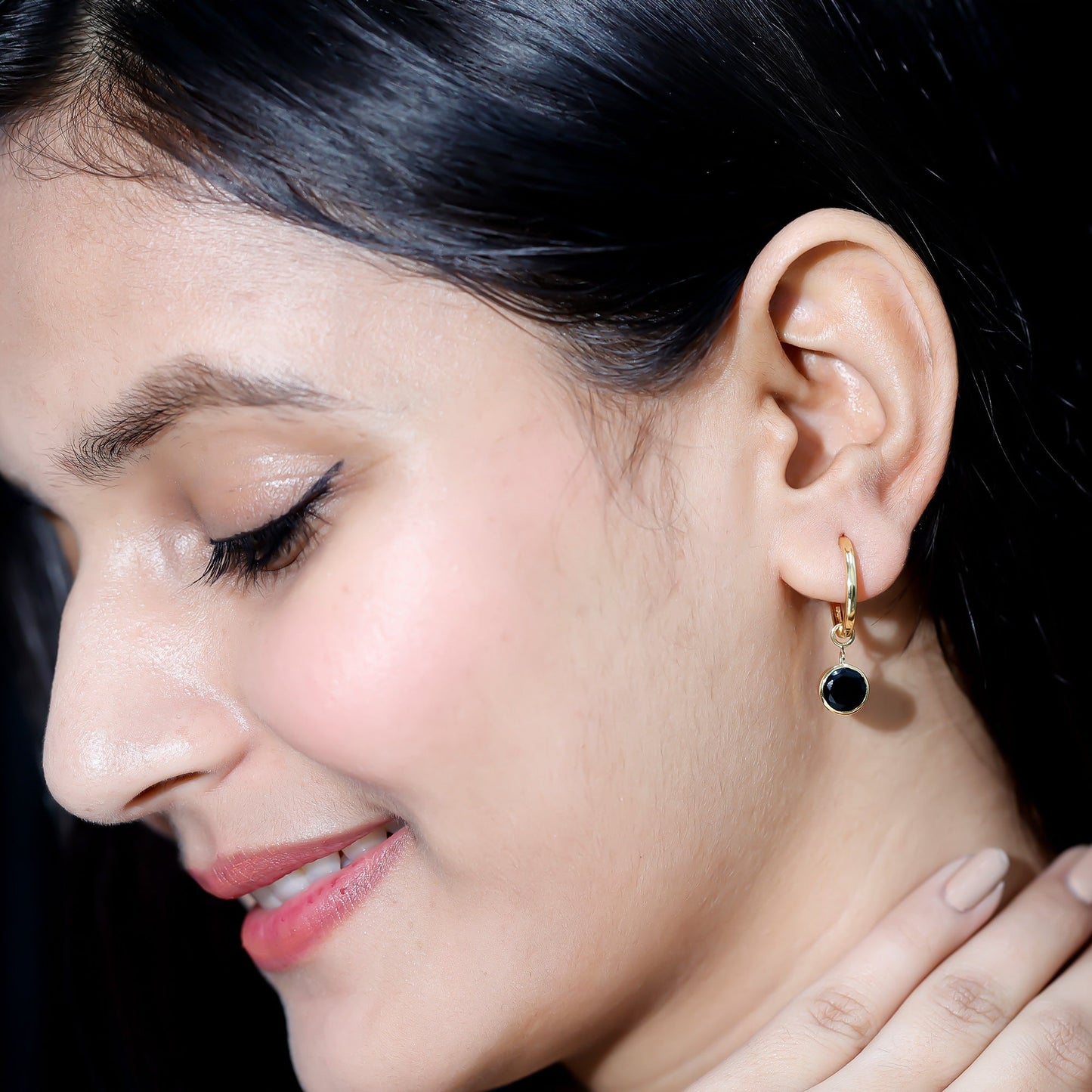 Natural Black Spinel Drop Hoop Earrings