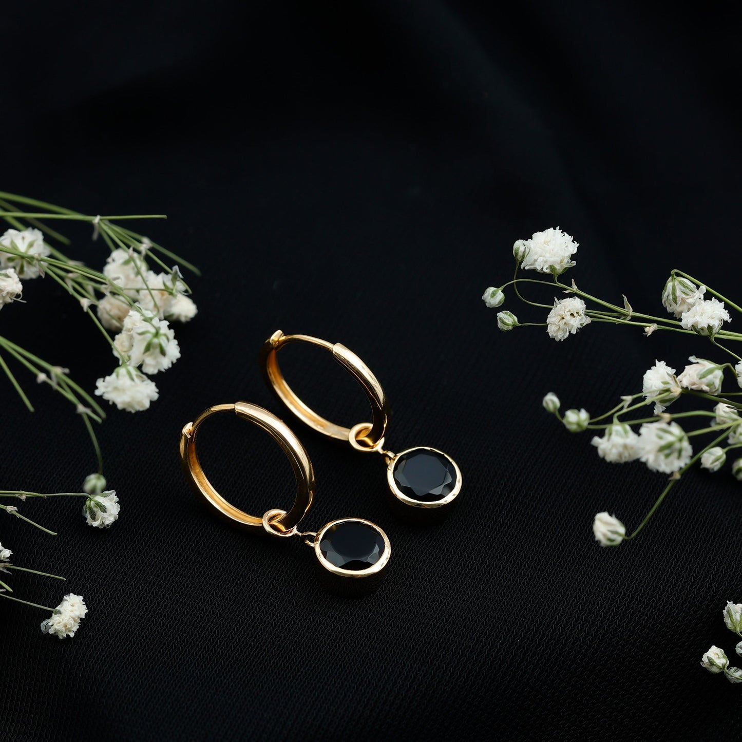 Bezel Set Black Onyx Hinged Hoop Drop Earrings