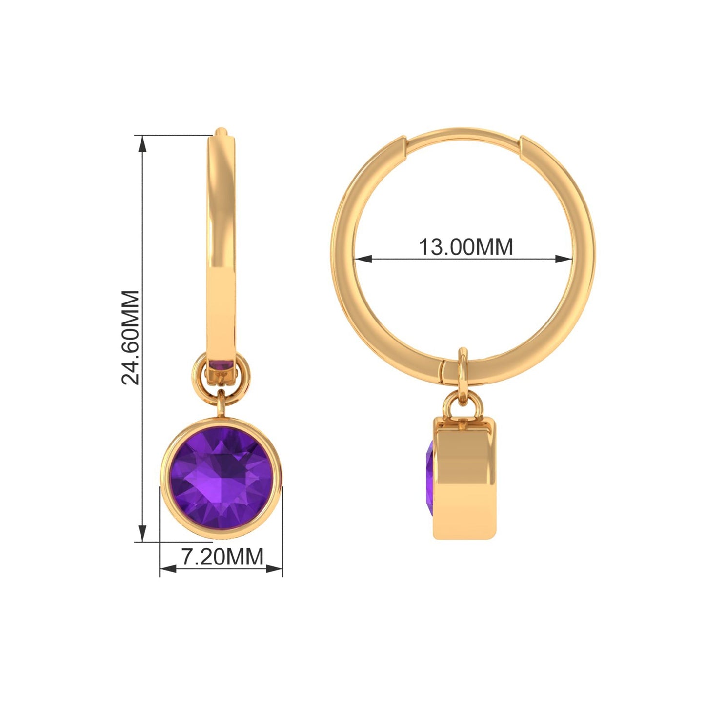 Certified Natural Amethyst Hoop Drop Earrings in Bezel Setting