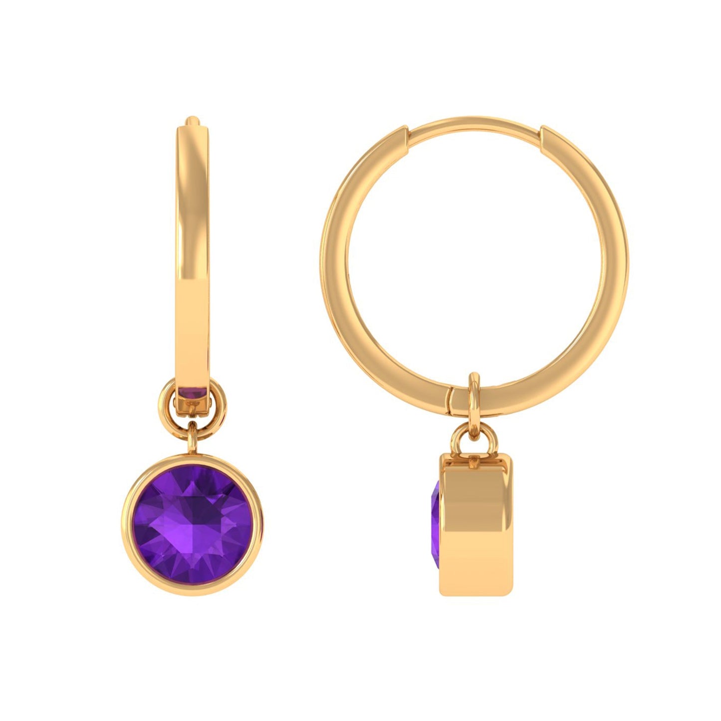 Certified Natural Amethyst Hoop Drop Earrings in Bezel Setting