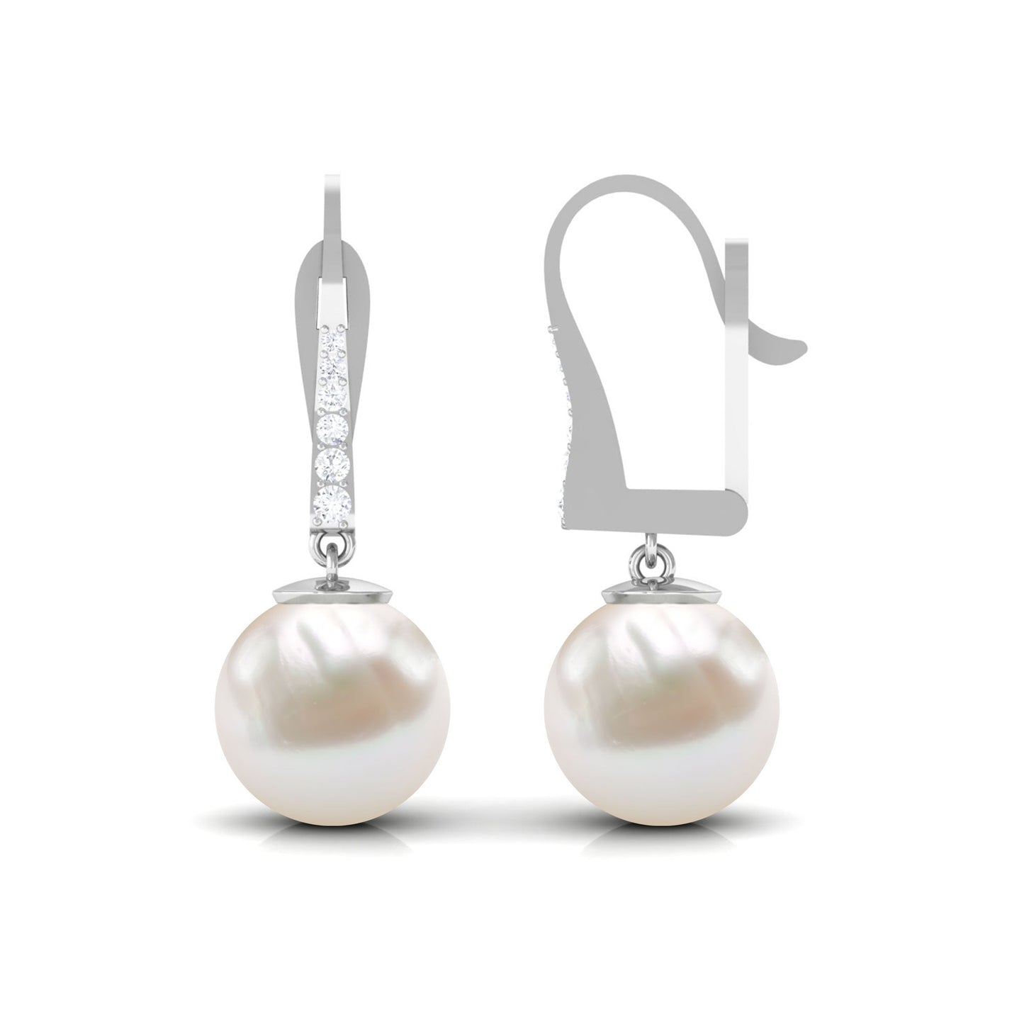 Simple Freshwater Pearl and Diamond Drop Earrings with Lever Back