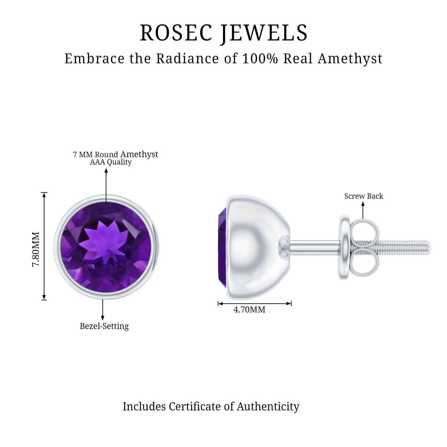 Natural Bezel Set 2.4 Carat Amethyst Stud Earrings