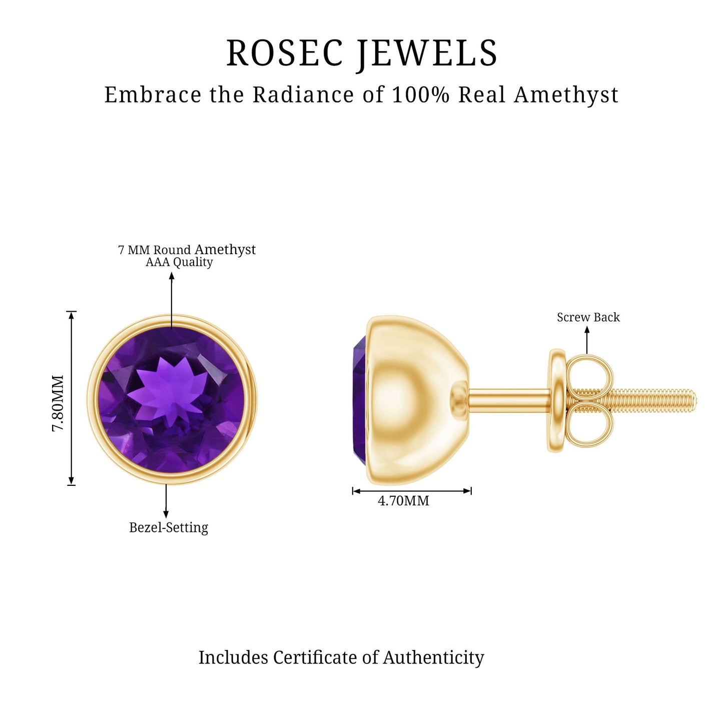 Natural Bezel Set 2.4 Carat Amethyst Stud Earrings