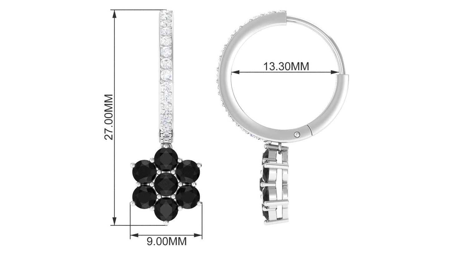 Certified Real Black Onyx Flower Drop Hoop Earrings with Diamonds