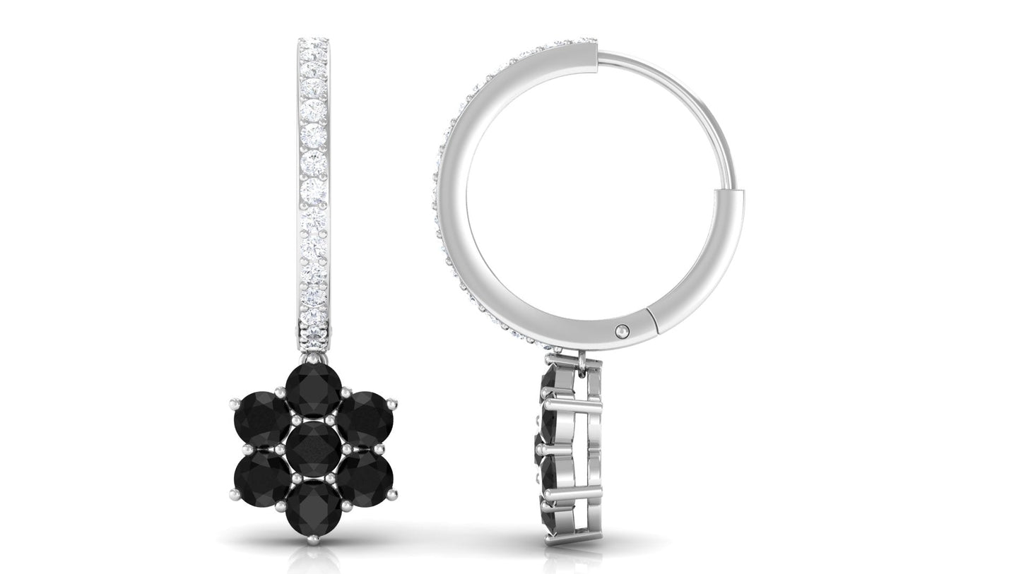 Certified Real Black Onyx Flower Drop Hoop Earrings with Diamonds