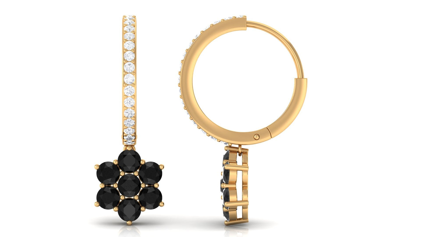 Certified Real Black Onyx Flower Drop Hoop Earrings with Diamonds