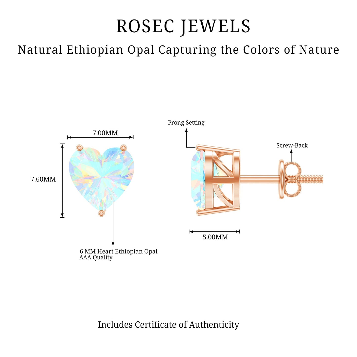 1.5 Carat Heart Shape Real Ethiopian Opal Stud Earrings