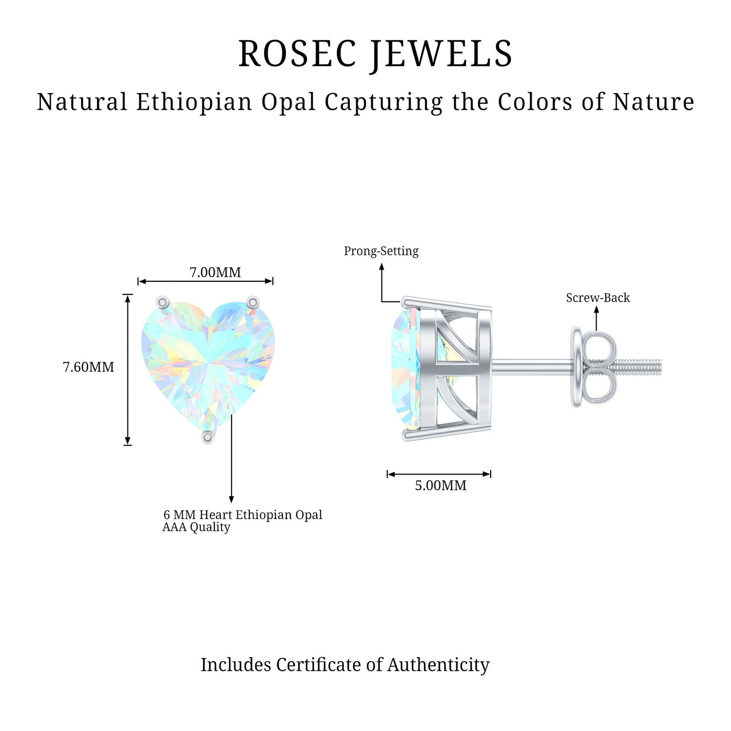 1.5 Carat Heart Shape Real Ethiopian Opal Stud Earrings
