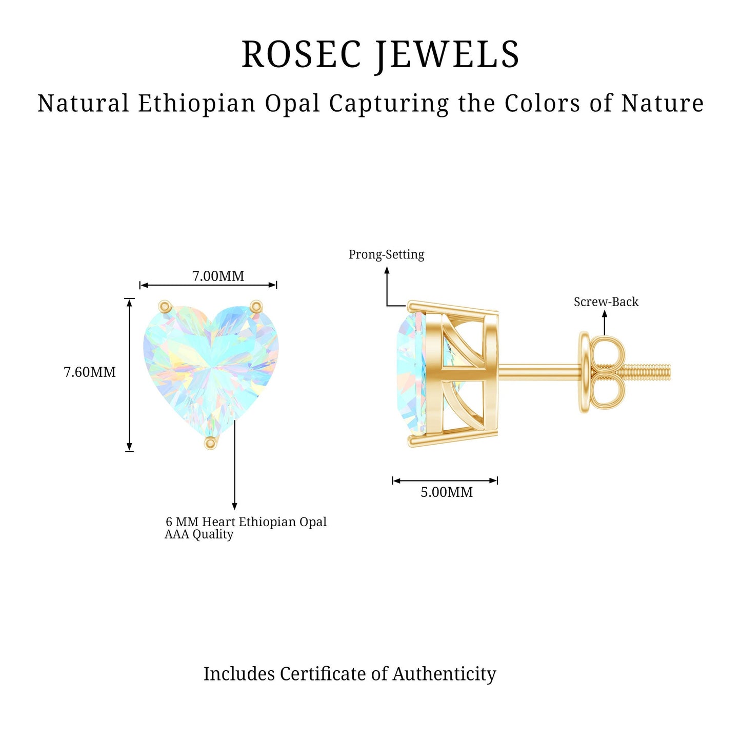 1.5 Carat Heart Shape Real Ethiopian Opal Stud Earrings