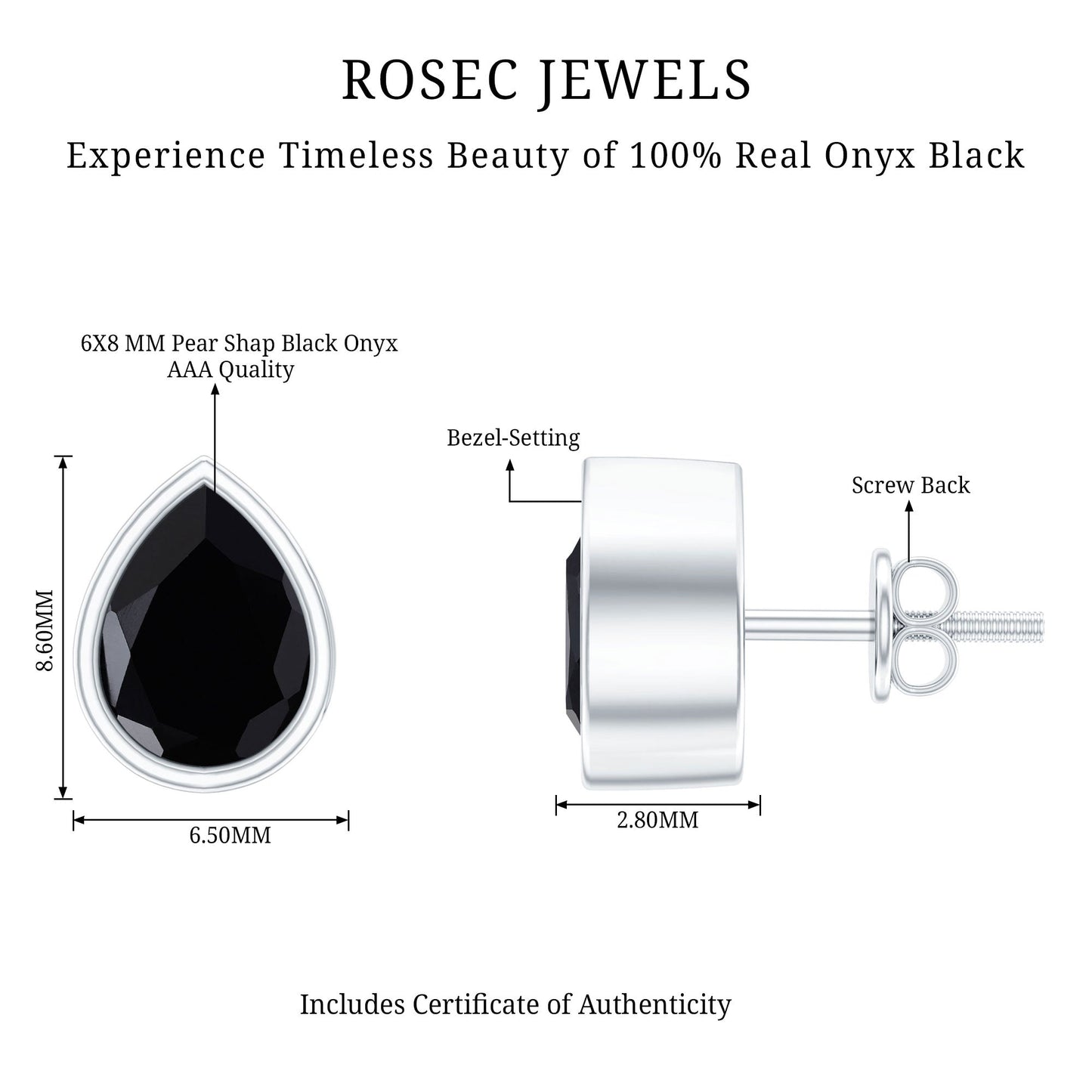 Genuine Black Onyx Teardrop Stud Earrings in Bezel Set