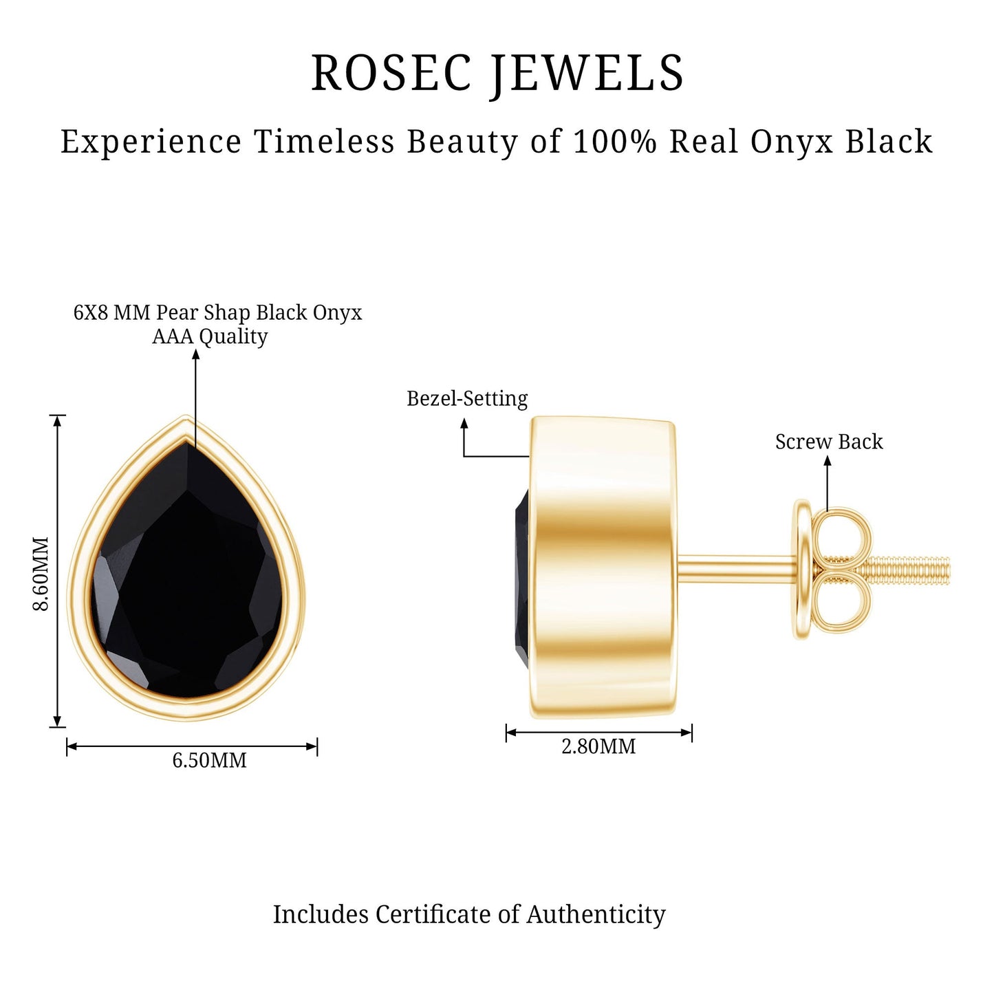 Genuine Black Onyx Teardrop Stud Earrings in Bezel Set