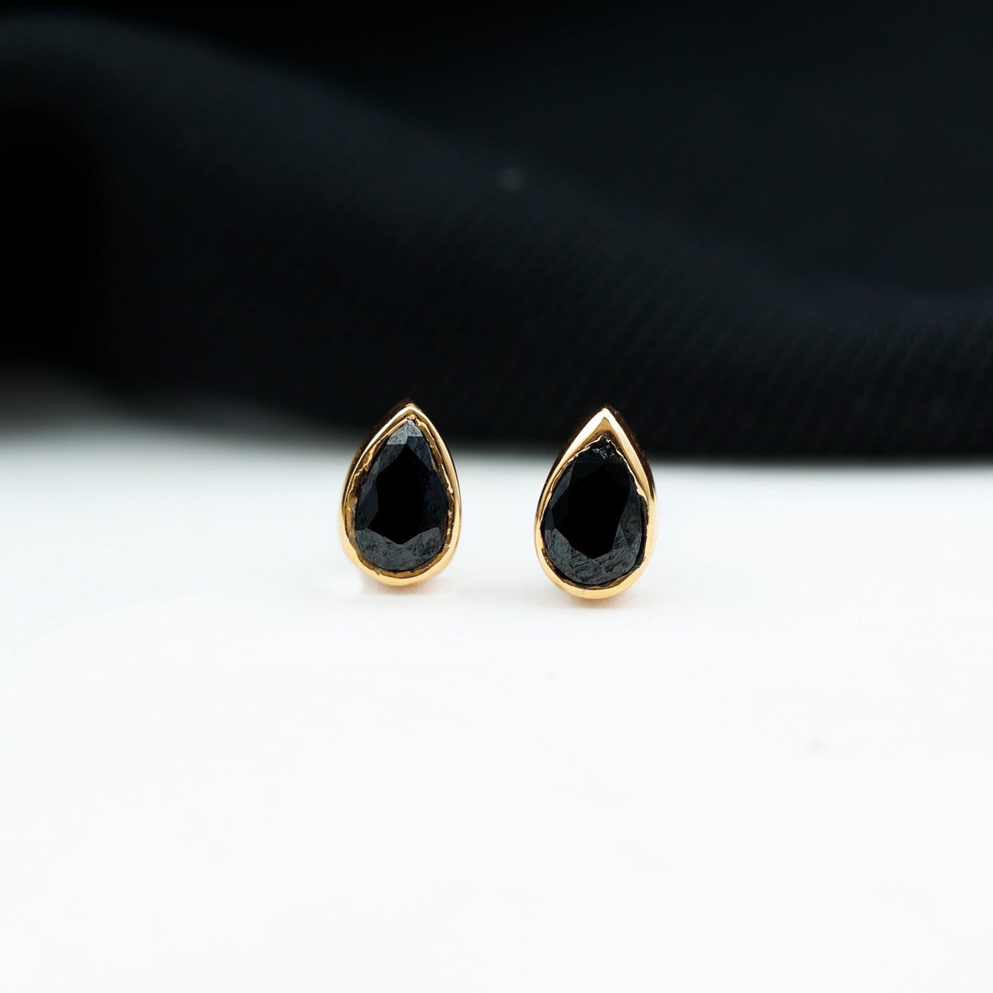 Genuine Black Onyx Teardrop Stud Earrings in Bezel Set