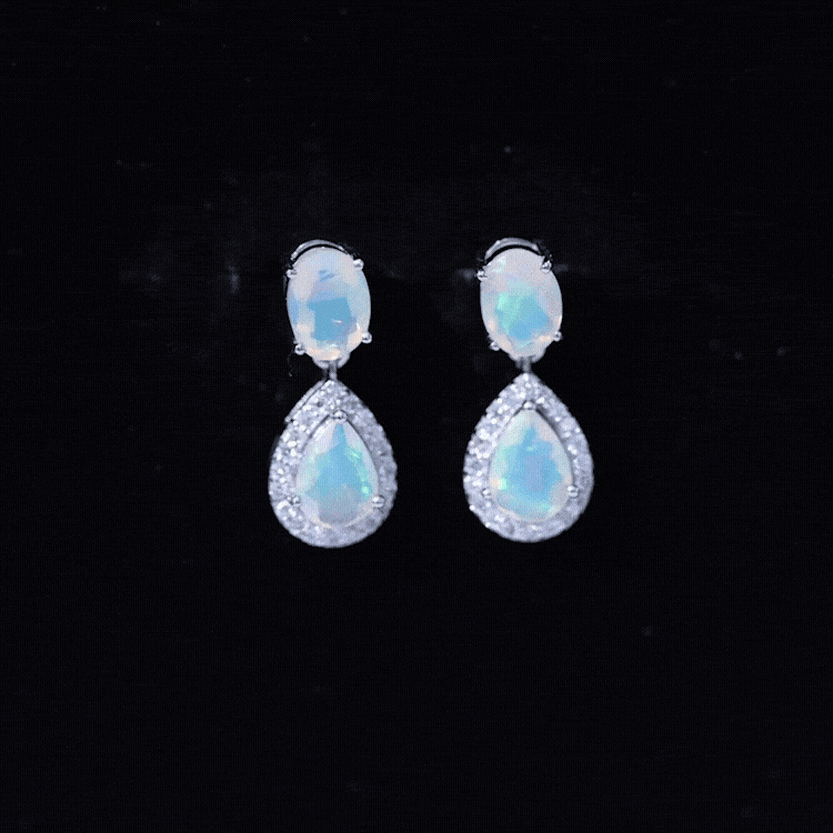 Genuine 1.8 Carat Ethiopian Opal Drop Dangle Earrings with Diamond Halo