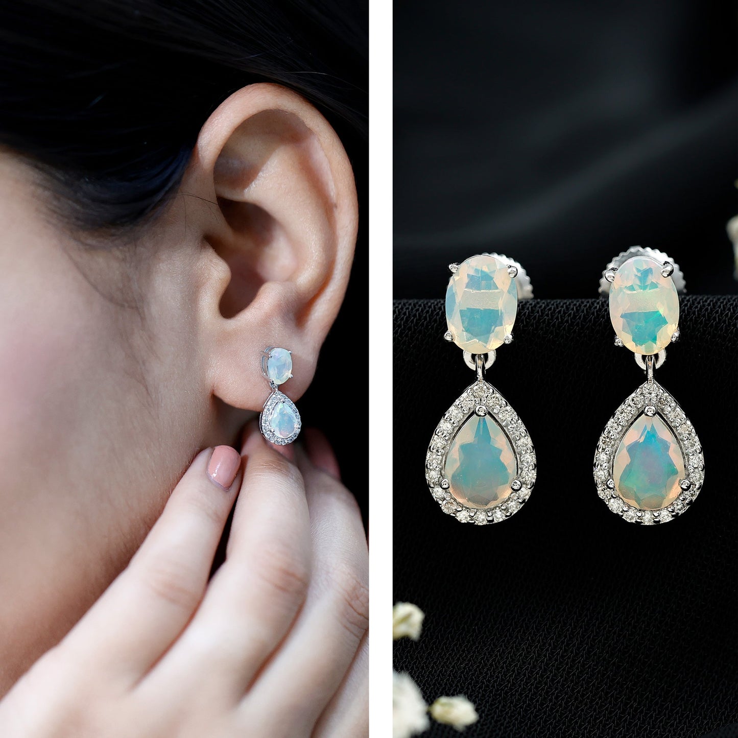 Genuine 1.8 Carat Ethiopian Opal Drop Dangle Earrings with Diamond Halo