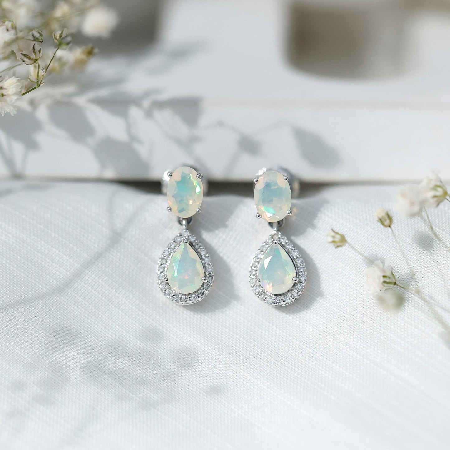 Genuine 1.8 Carat Ethiopian Opal Drop Dangle Earrings with Diamond Halo