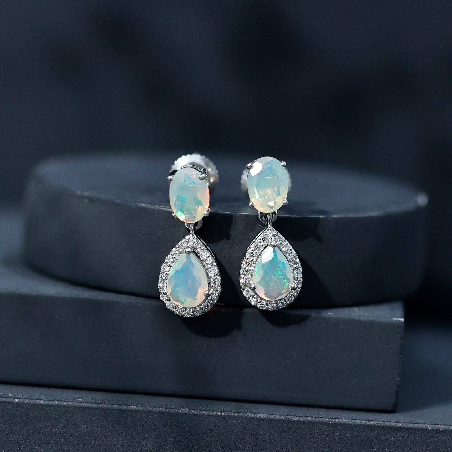 Genuine 1.8 Carat Ethiopian Opal Drop Dangle Earrings with Diamond Halo