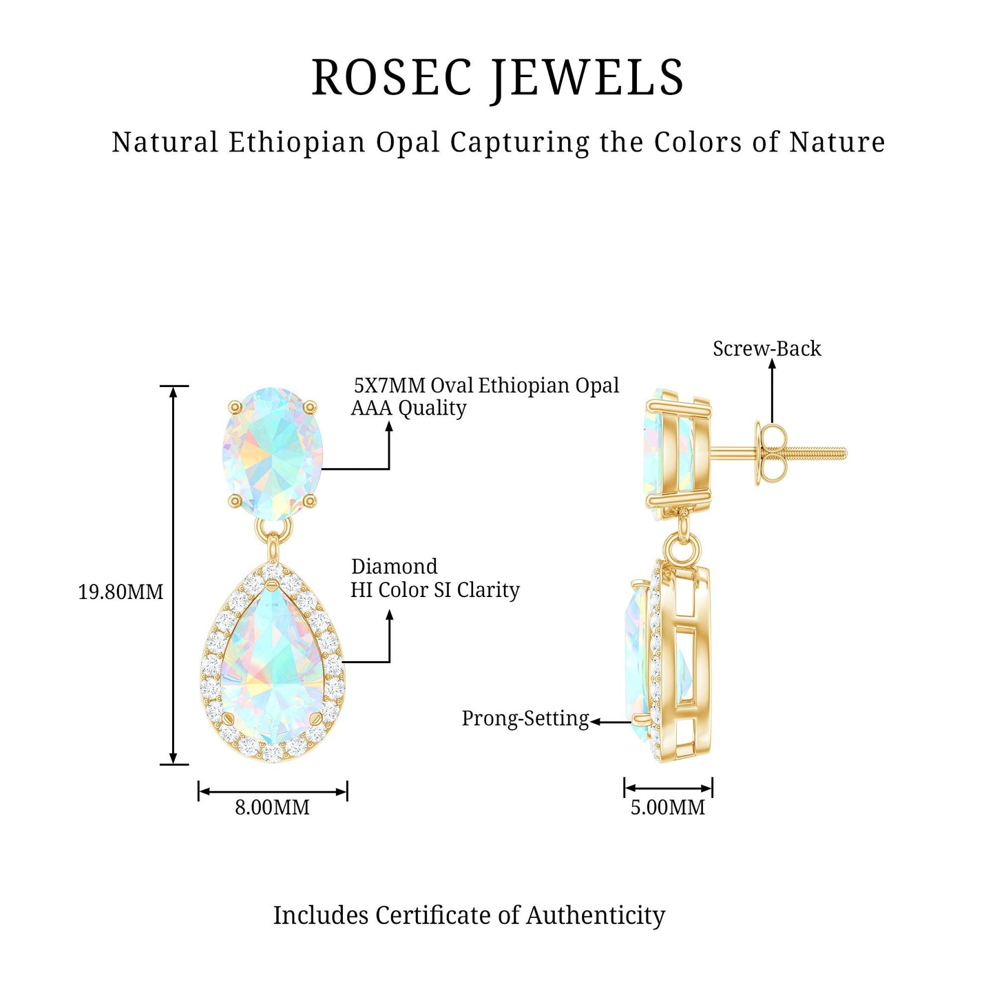 Genuine 1.8 Carat Ethiopian Opal Drop Dangle Earrings with Diamond Halo