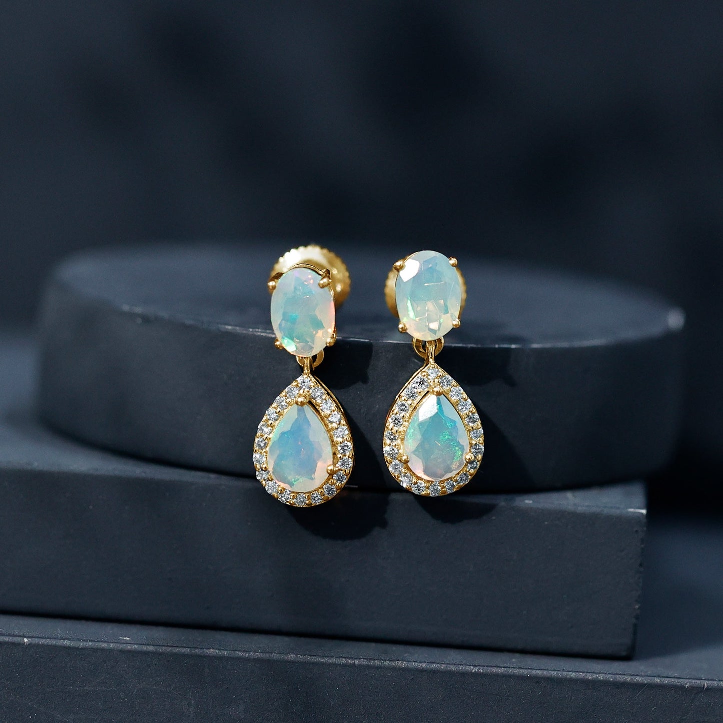 Genuine 1.8 Carat Ethiopian Opal Drop Dangle Earrings with Diamond Halo