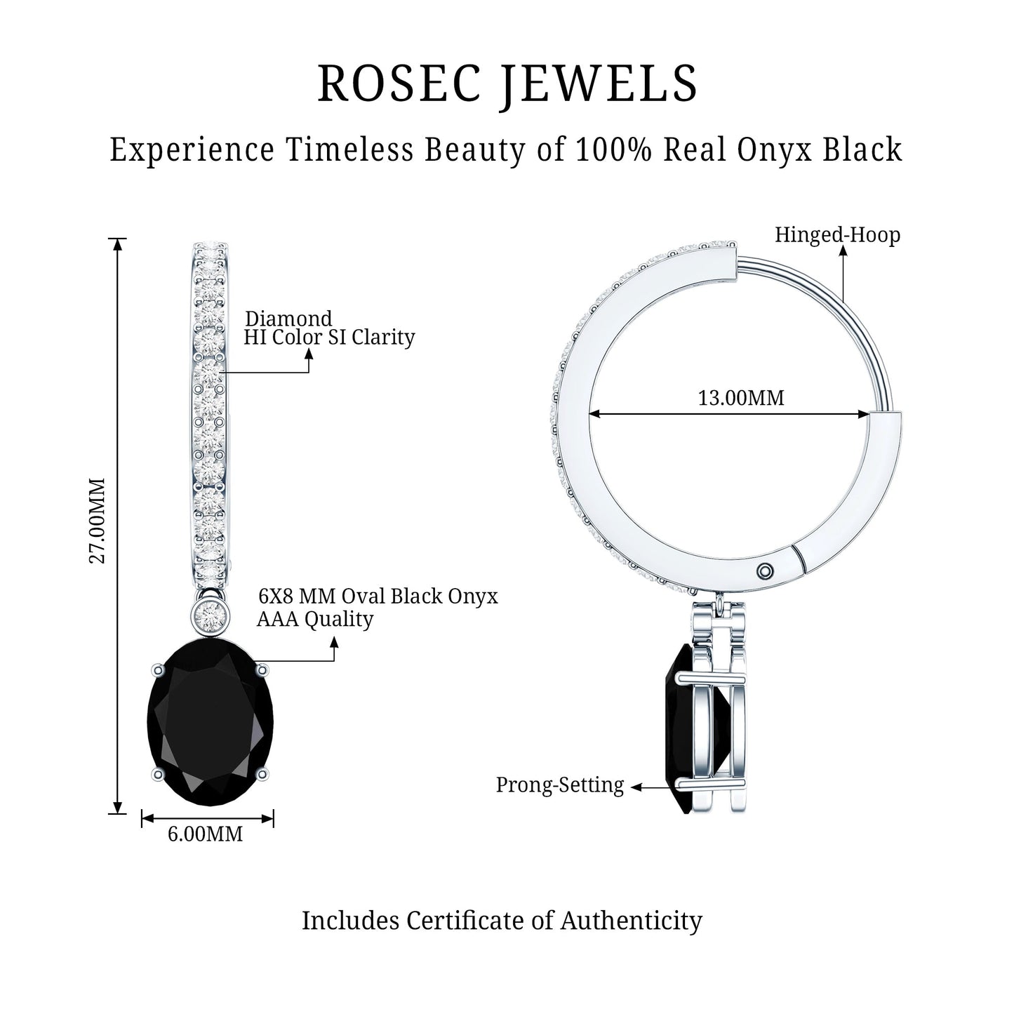 Natural 2.2 Carat Oval Black Onyx Hoop Drop Earrings with Diamond