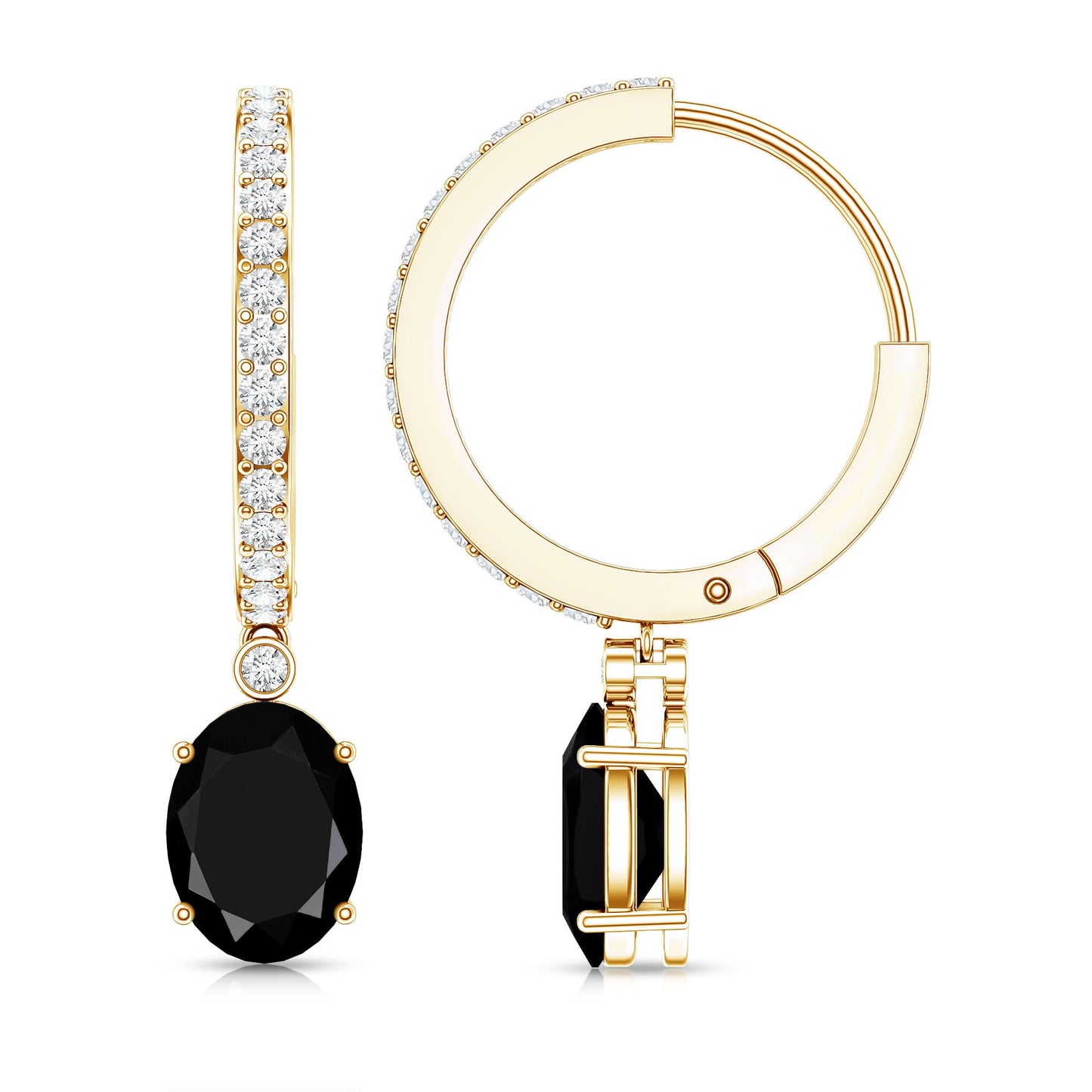 Natural 2.2 Carat Oval Black Onyx Hoop Drop Earrings with Diamond