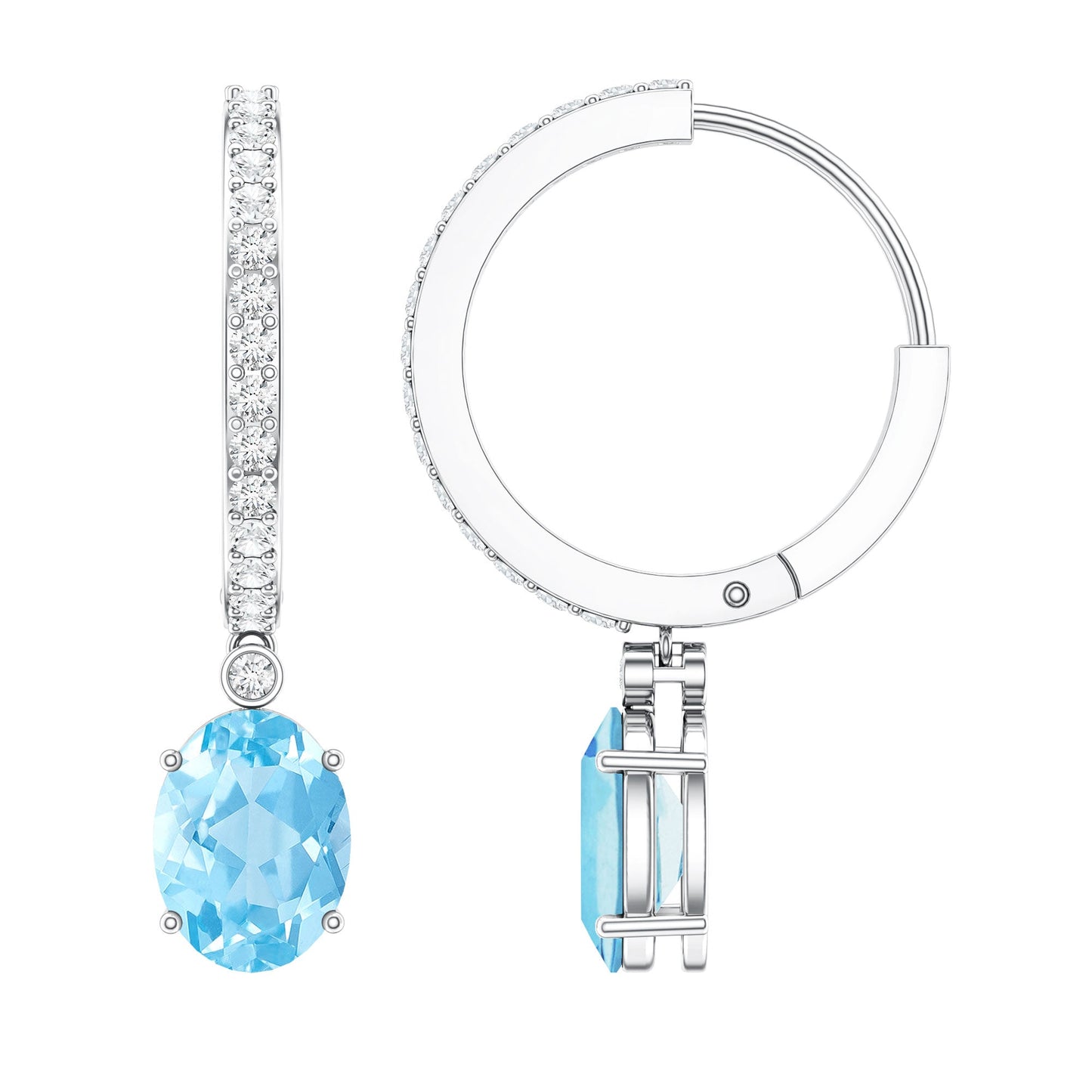 Genuine 2.2 Carat Oval Cut Aquamarine Hoop Drop Earrings with Diamond