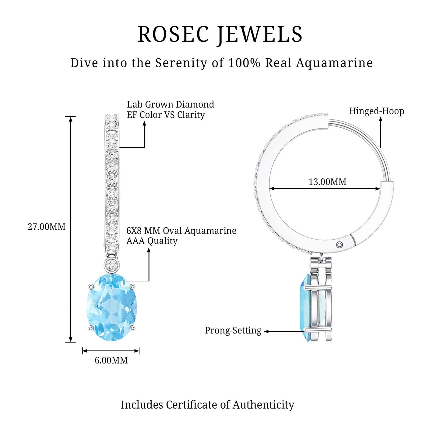 Genuine 2.2 Carat Oval Cut Aquamarine Hoop Drop Earrings with Diamond