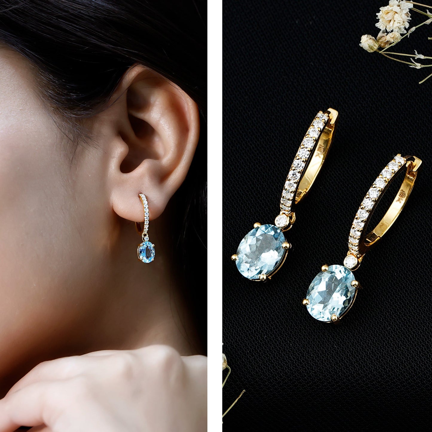 Genuine 2.2 Carat Oval Cut Aquamarine Hoop Drop Earrings with Diamond