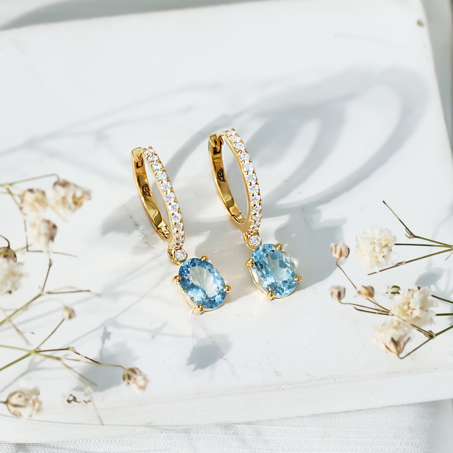 Genuine 2.2 Carat Oval Cut Aquamarine Hoop Drop Earrings with Diamond