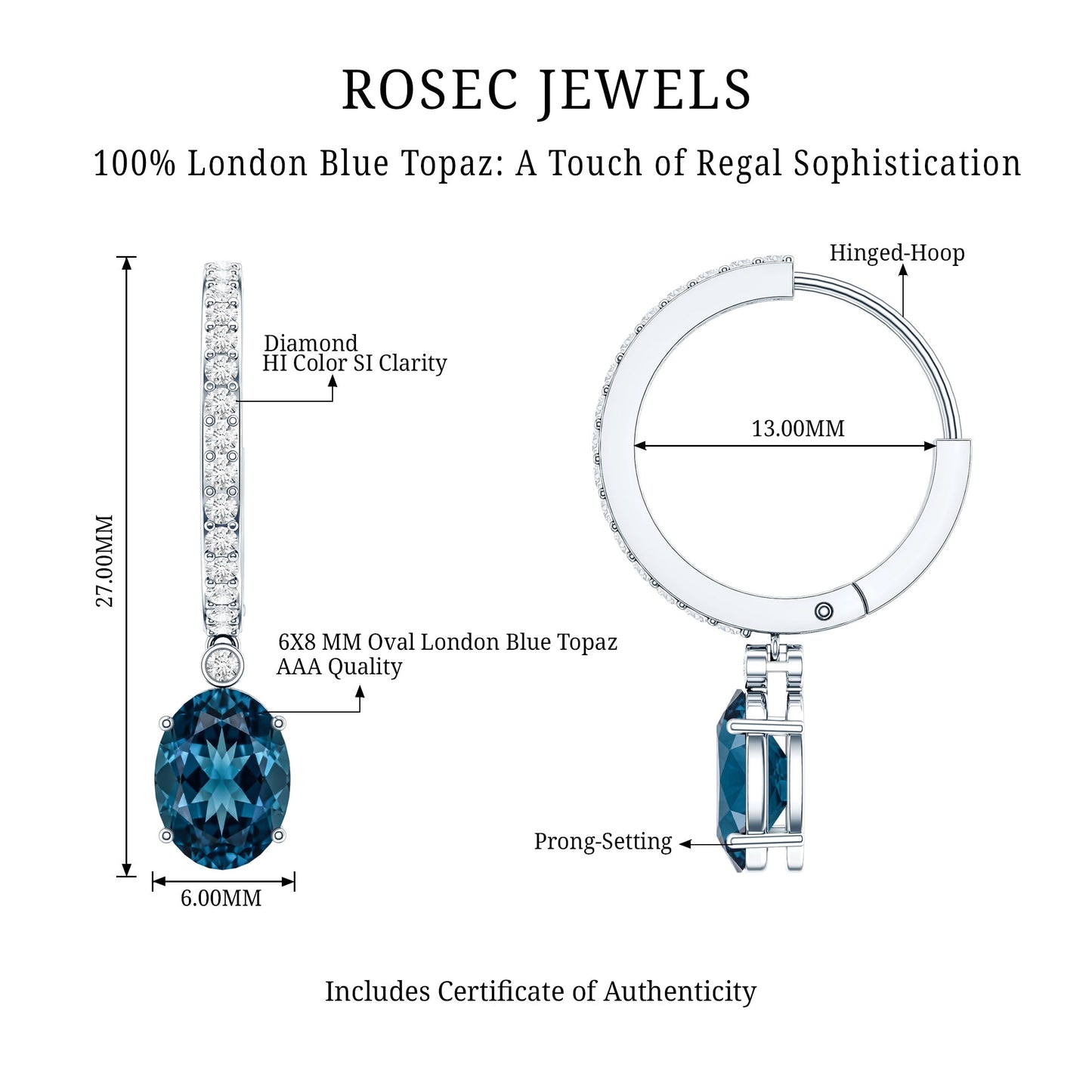 Natural Oval 2.2 Carat London Blue Topaz Drop hoop Earrings with Diamond