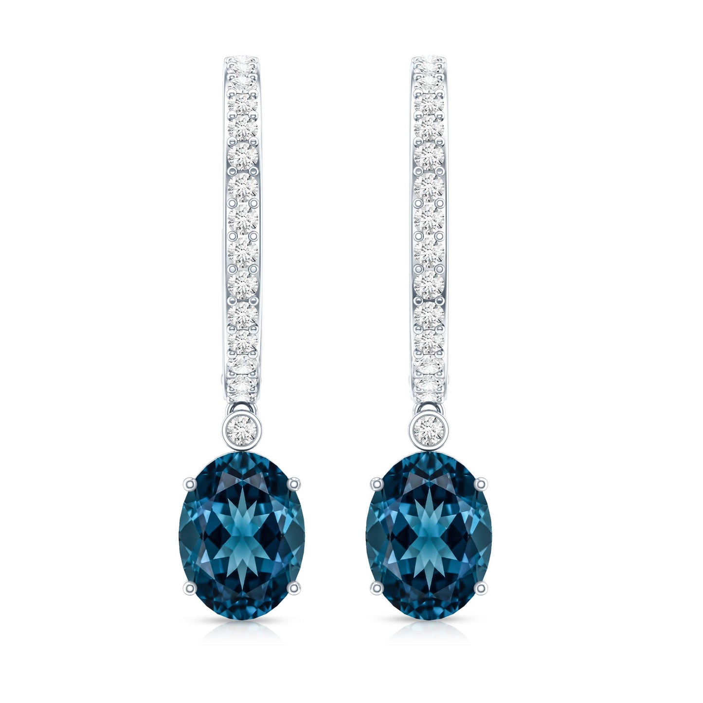 Natural Oval 2.2 Carat London Blue Topaz Drop hoop Earrings with Diamond