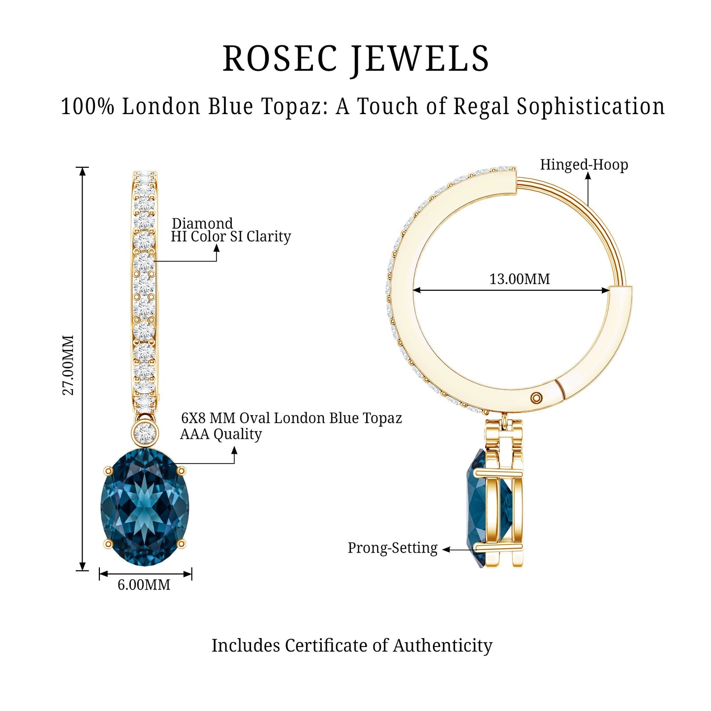 Natural Oval 2.2 Carat London Blue Topaz Drop hoop Earrings with Diamond