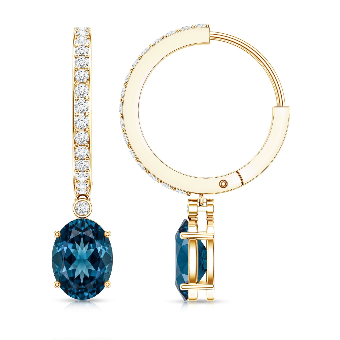 Natural Oval 2.2 Carat London Blue Topaz Drop hoop Earrings with Diamond