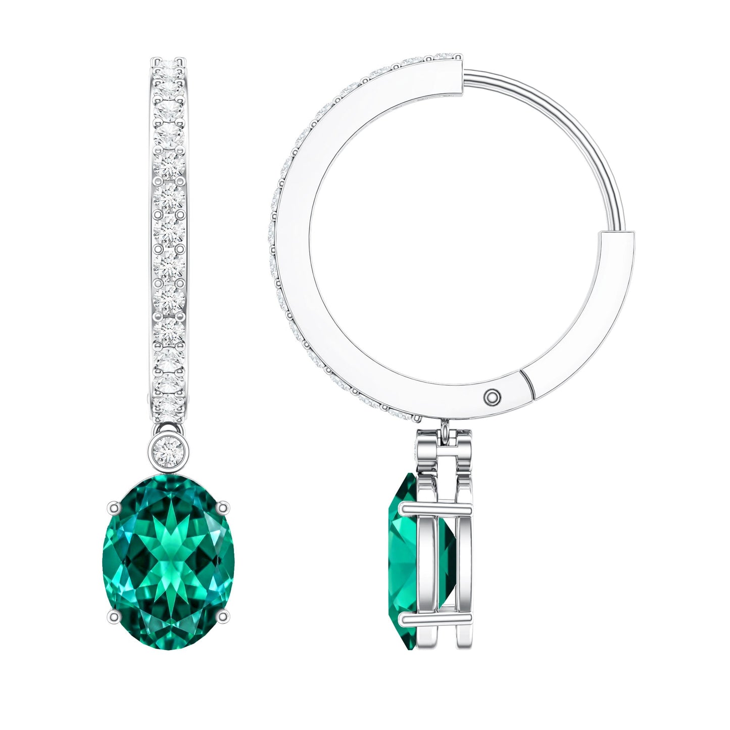 2.5 Carat Oval Cut Lab Grown Emerald and Diamond Hoop Earrings