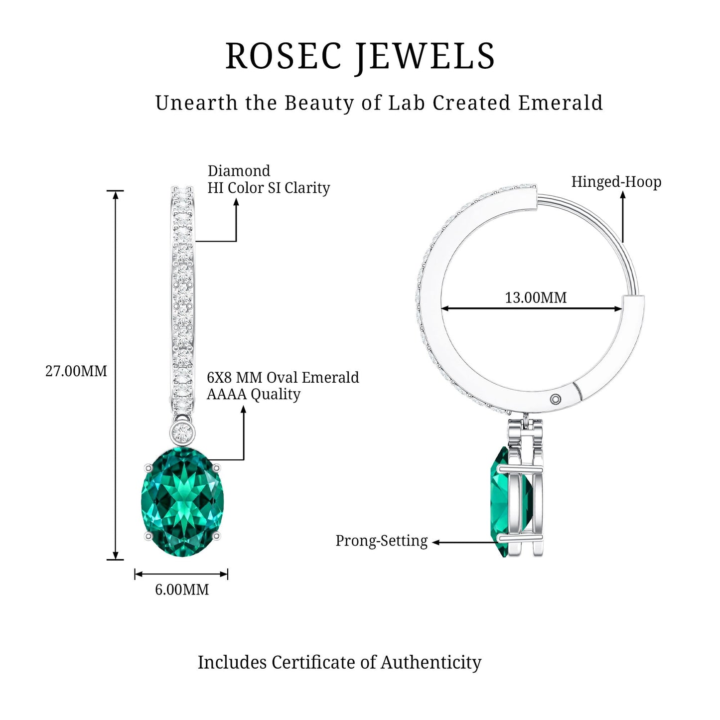 2.5 Carat Oval Cut Lab Grown Emerald and Diamond Hoop Earrings