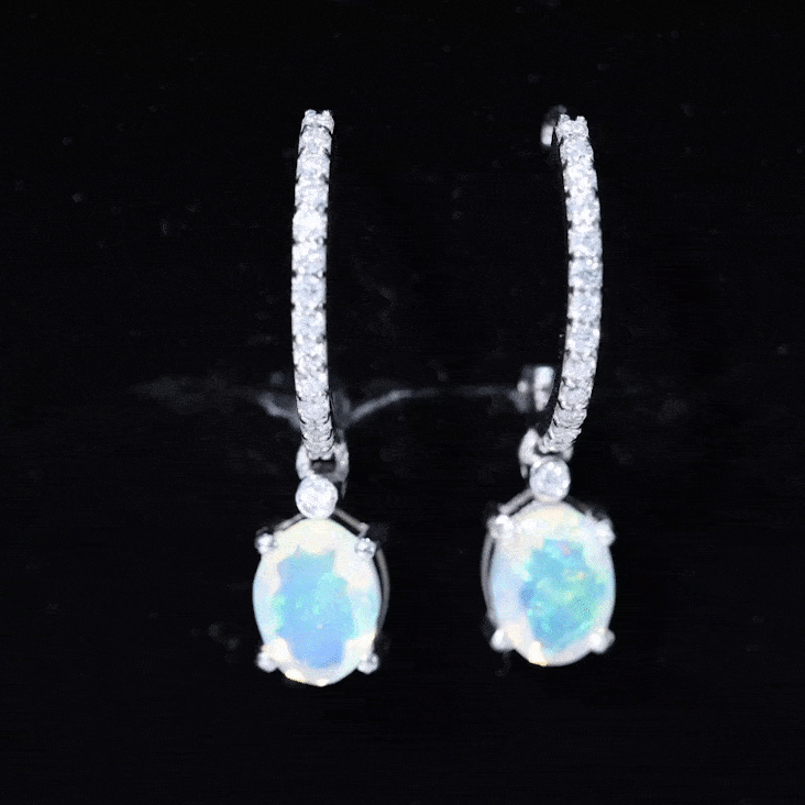 Oval Ethiopian Opal Drop Earrings with Moissanite Hoop