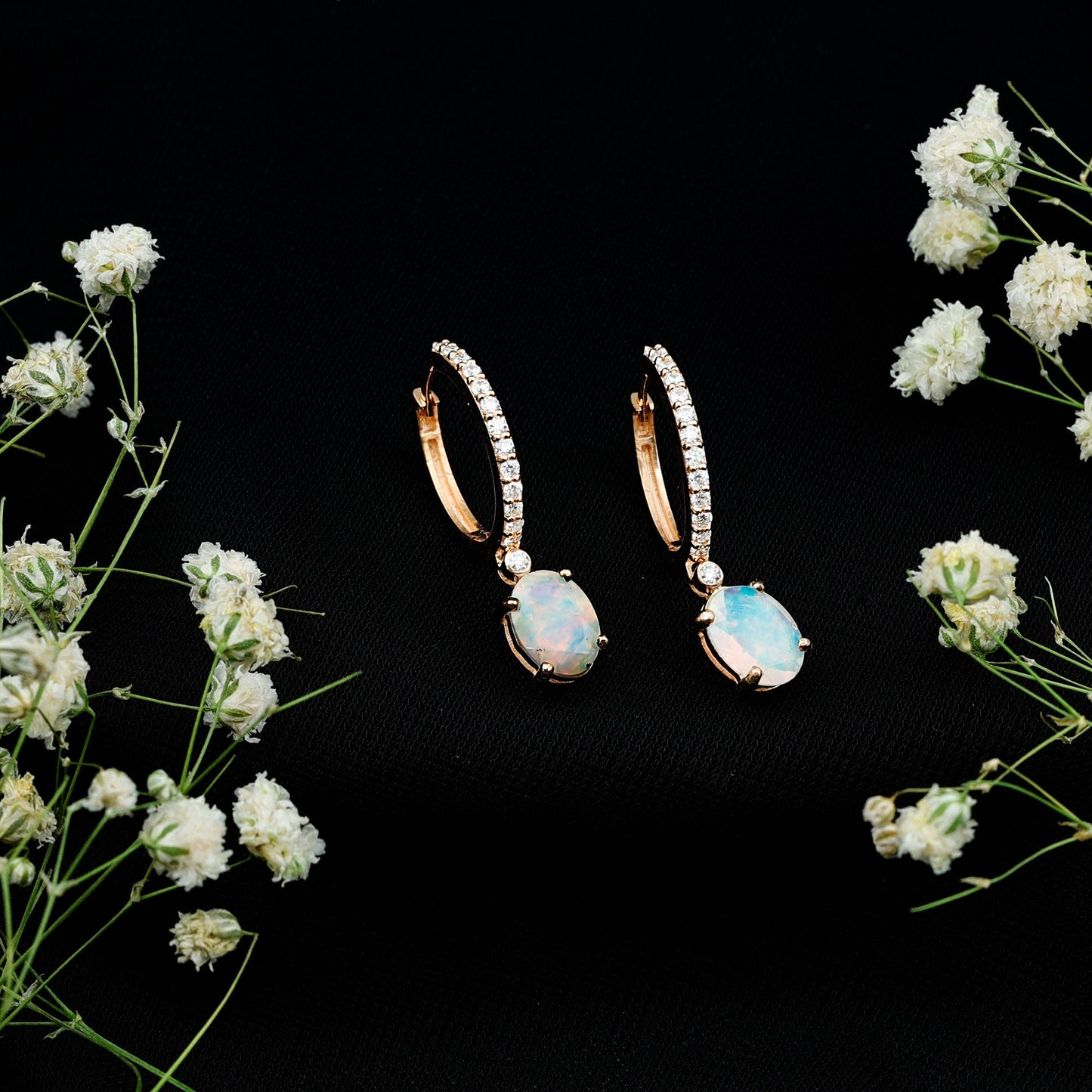 Oval Ethiopian Opal Drop Earrings with Moissanite Hoop