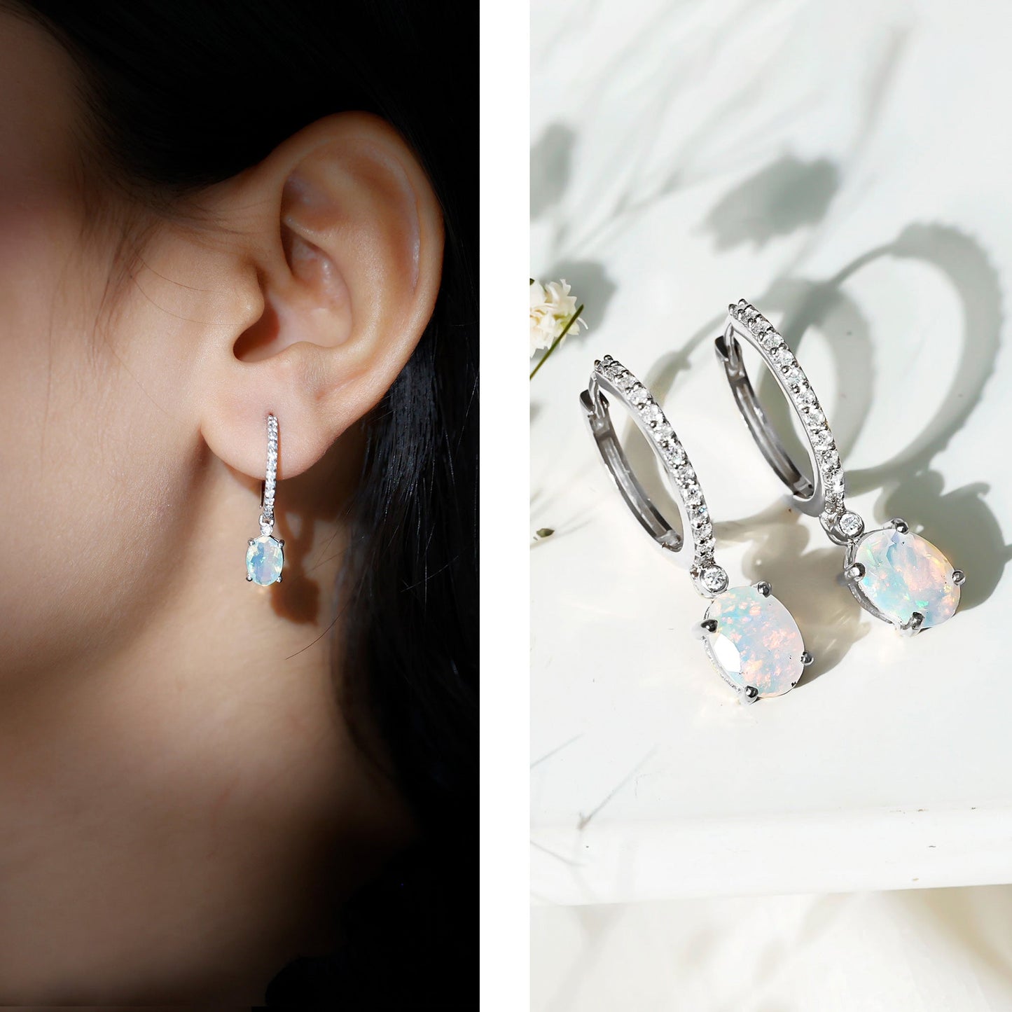 Oval Ethiopian Opal Drop Earrings with Moissanite Hoop