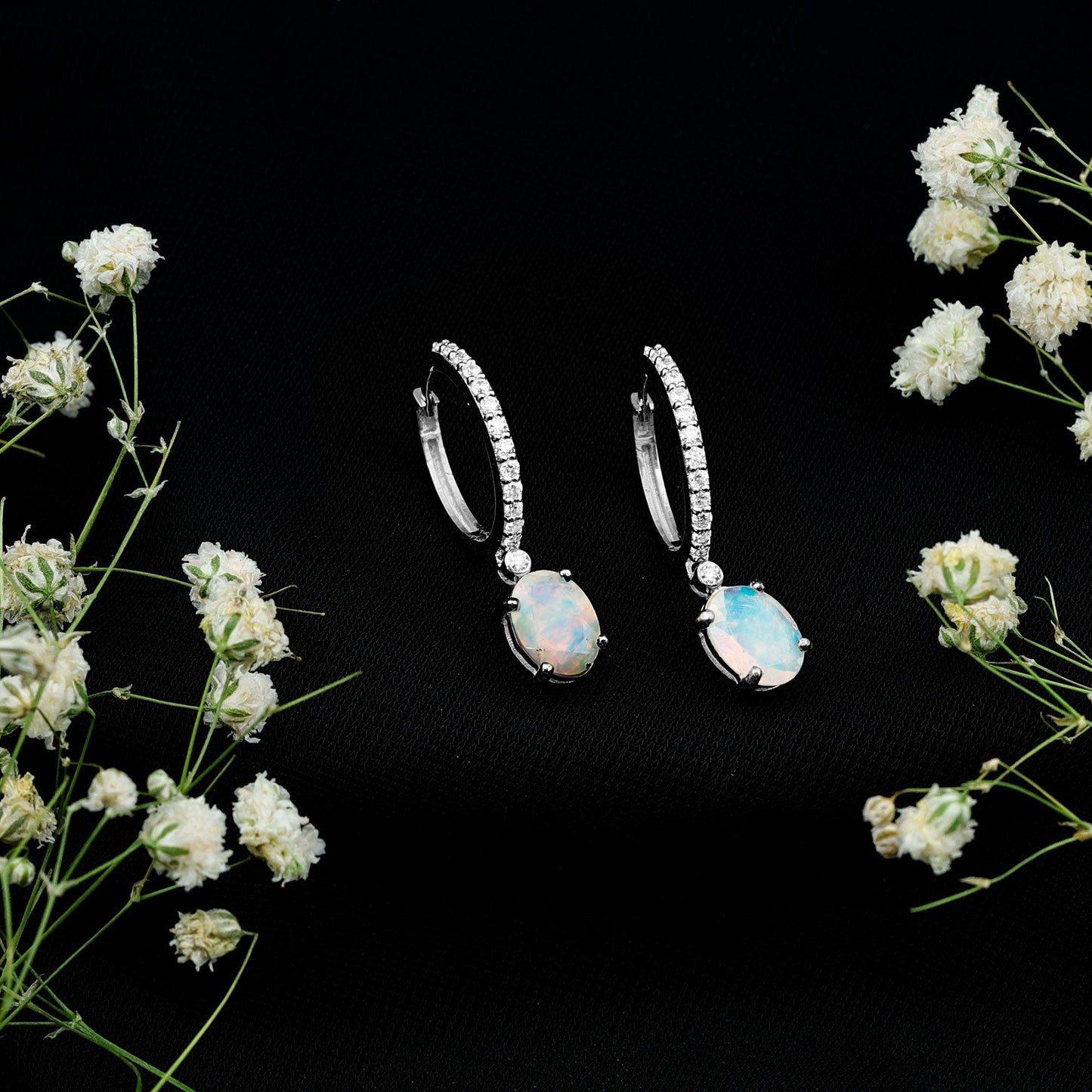 Oval Ethiopian Opal Drop Earrings with Moissanite Hoop