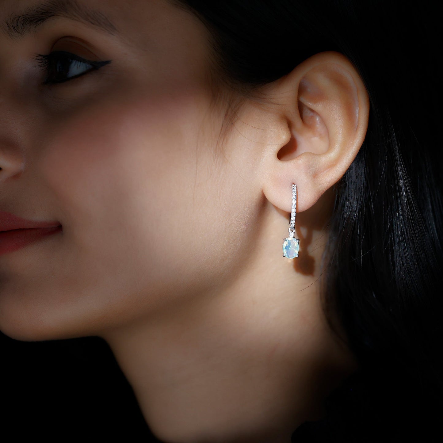 Oval Ethiopian Opal Drop Earrings with Moissanite Hoop