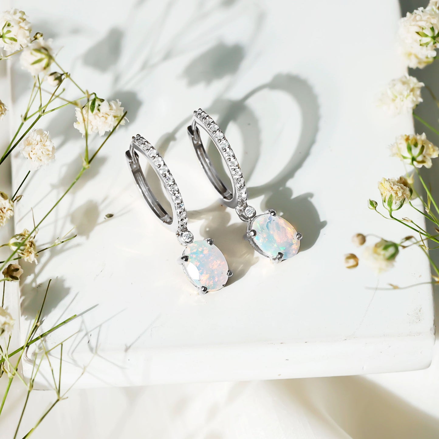 Oval Ethiopian Opal Drop Earrings with Moissanite Hoop