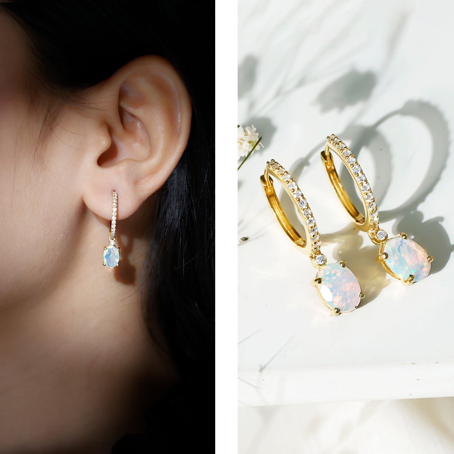 Oval Ethiopian Opal Drop Earrings with Moissanite Hoop