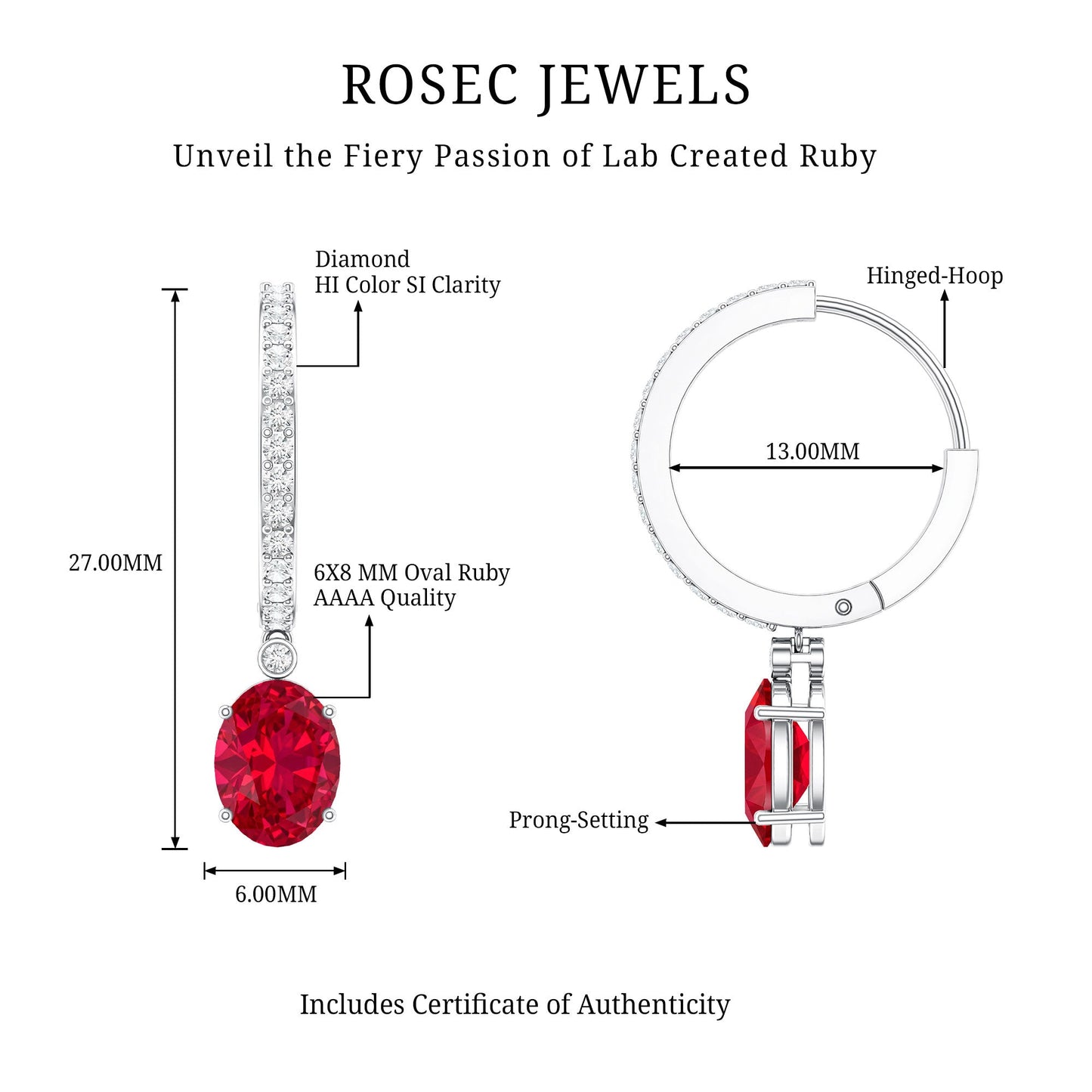 Oval Cut Lab Created Ruby Hoop Drop Earrings with Diamonds