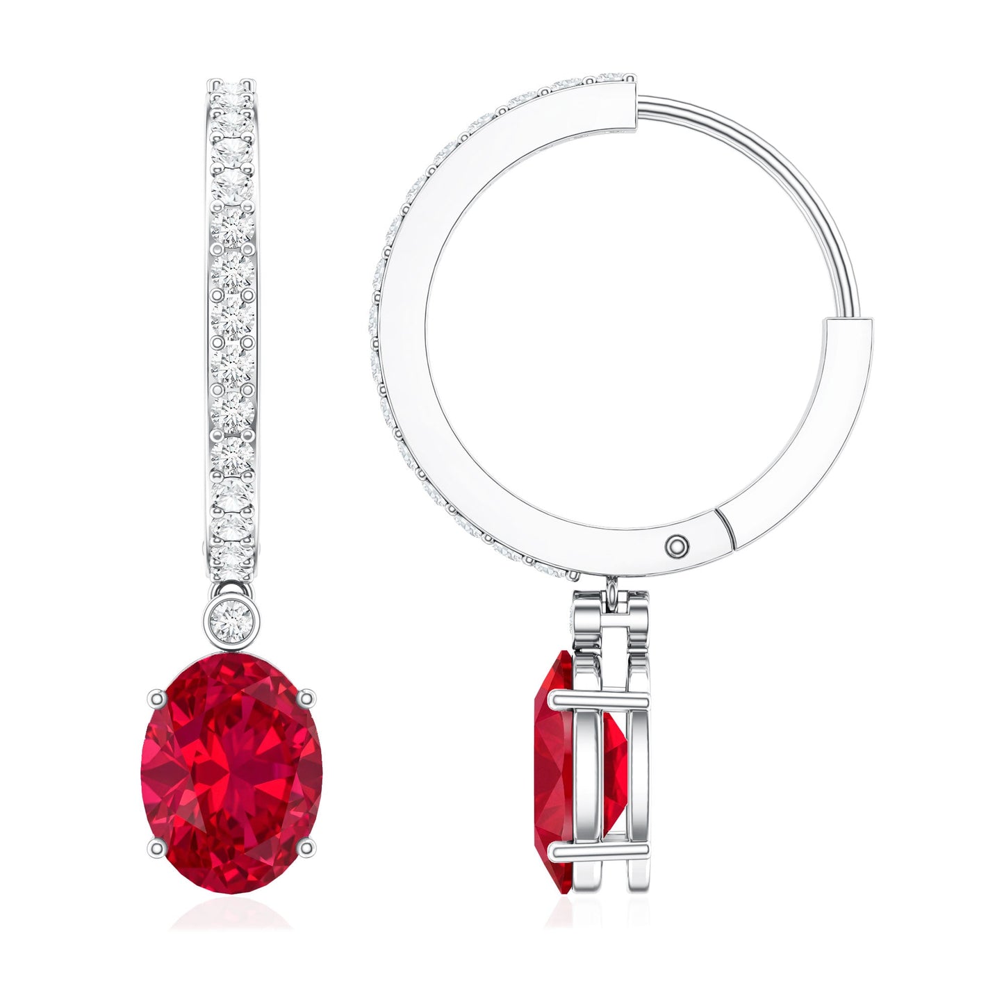 Oval Cut Lab Created Ruby Hoop Drop Earrings with Diamonds