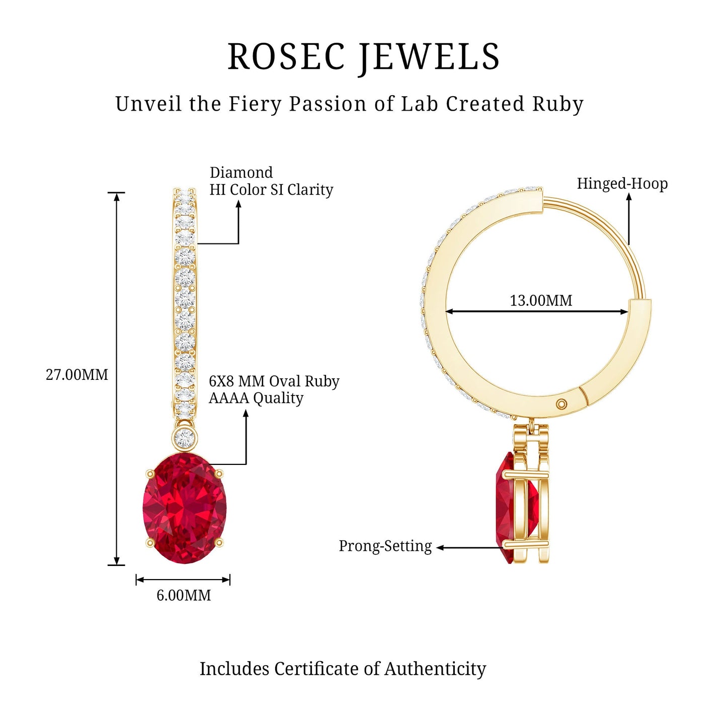 Oval Cut Lab Created Ruby Hoop Drop Earrings with Diamonds