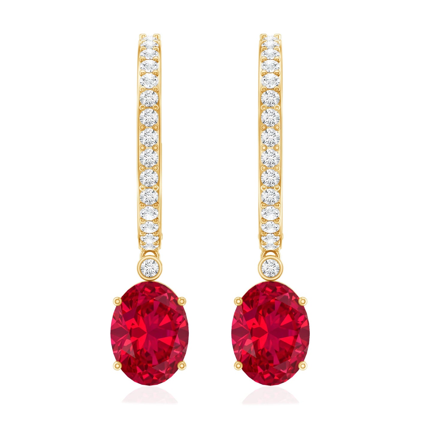 Oval Cut Lab Created Ruby Hoop Drop Earrings with Diamonds