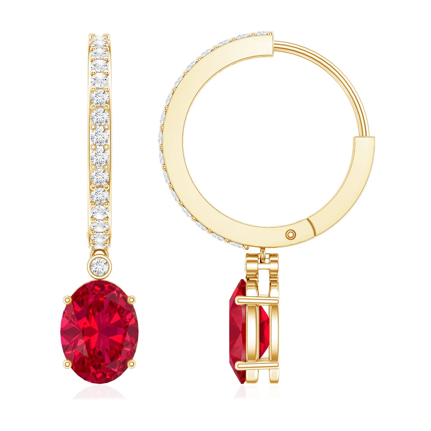 Oval Cut Lab Created Ruby Hoop Drop Earrings with Diamonds