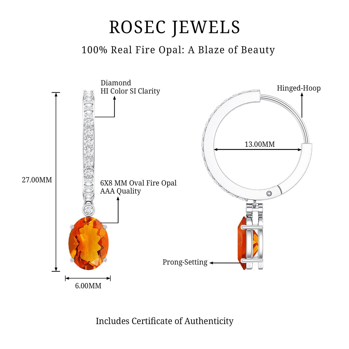 Certified Real Oval Fire Opal Hoop Earrings with Diamond
