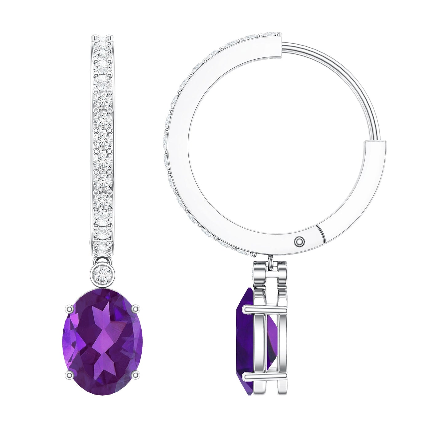 Real 2.2 Carat Oval Amethyst Diamond Hoop Earrings With Diamonds